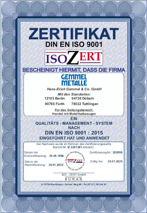 Gemmel-Metalle DIN EN ISO 9001 Zertifikat