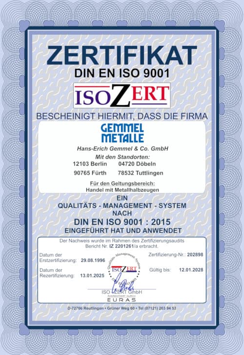 Gemmel-Metalle DIN EN ISO 9001 Zertifikat