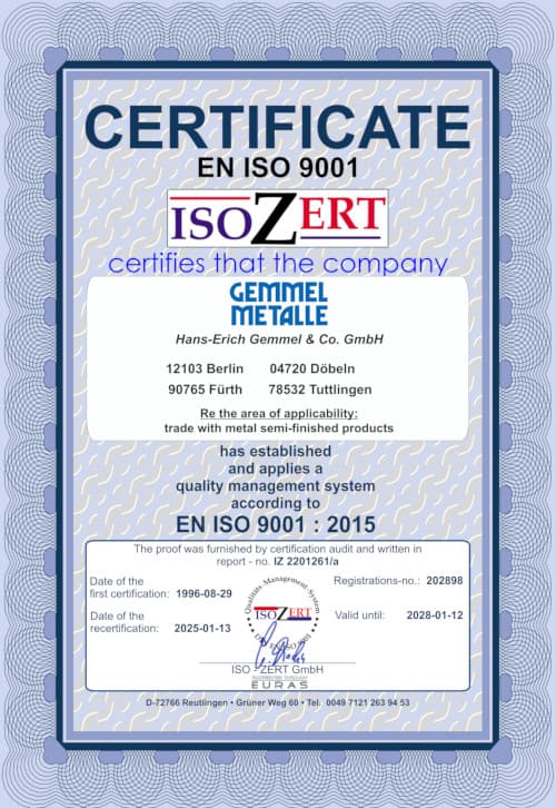 Gemmel-Metalle DIN EN ISO 9001 Zertifikat