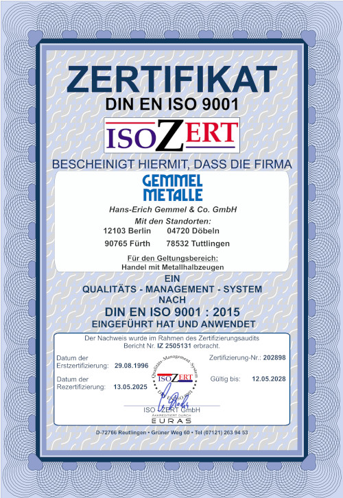 Gemmel-Metalle DIN EN ISO 9001 Zertifikat