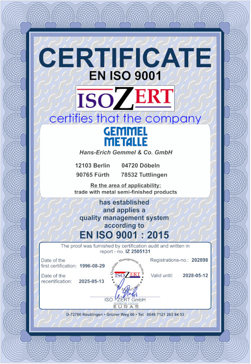 Gemmel-Metalle DIN EN ISO 9001 Zertifikat
