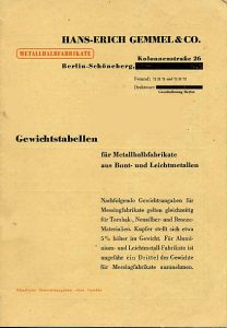 Gemmel-Metalle Katalog von 1929